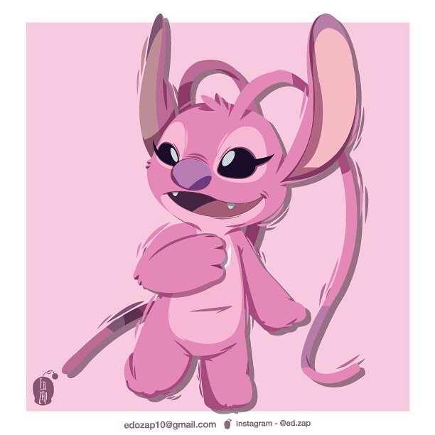 1:1 2018 alien angel_(lilo_and_stitch) antennae_(anatomy) black_eyes border chest_markings disney ed_zap experiment_(species) eyelashes fur head_tuft lilo_and_stitch markings open_mouth open_smile outside_border pink_background pink_fur purple_nose simple_background smile solo white_border