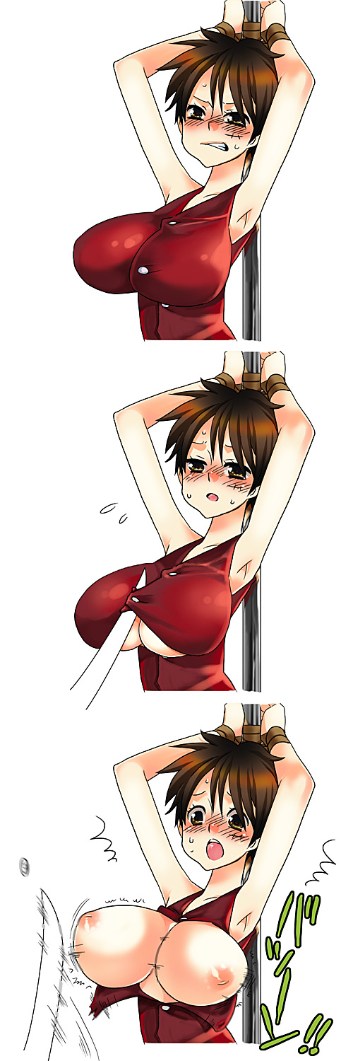 angry armpits artist_request bdsm blush bondage bouncing_breasts bound bound_wrists breasts brown_eyes cutting_clothes genderswap genderswap_(mtf) highres inverted_nipples large_breasts luffyko nipples one_piece open_clothes open_mouth open_shirt pole scar shirt short_hair surprised sweat sword torn_clothes weapon