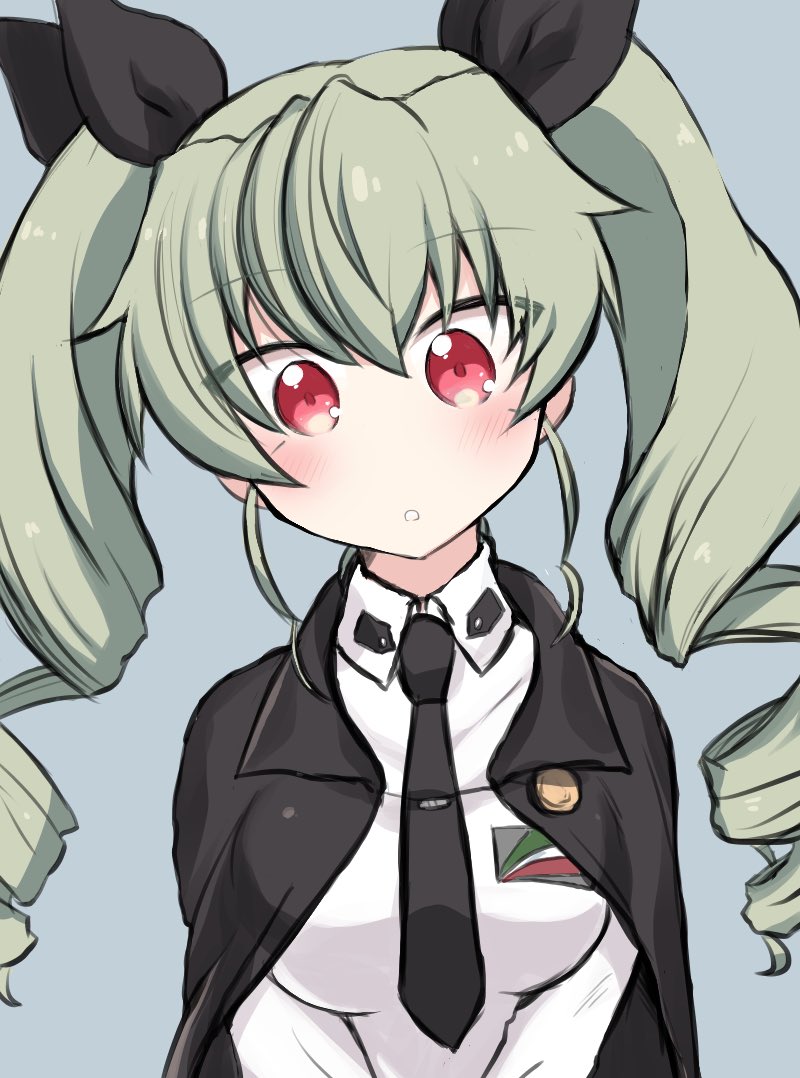 1girl :o aimai_(luckyfive) anchovy anzio_school_uniform bangs black_cape black_neckwear black_ribbon blush cape commentary dress_shirt drill_hair emblem eyebrows_visible_through_hair girls_und_panzer green_hair hair_ribbon head_tilt long_hair looking_at_viewer necktie open_mouth red_eyes ribbon school_uniform shirt simple_background solo twin_drills twintails upper_body white_shirt