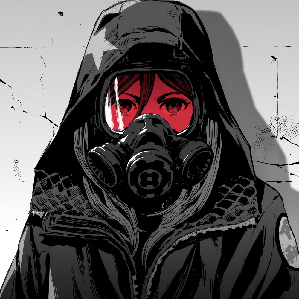 1girl cracked_wall gas_mask hood hood_up hooded_jacket jacket looking_at_viewer mask medium_hair monochrome original padded_coat solo spot_color star star_print ume_(yume_uta_da) unzipped wall