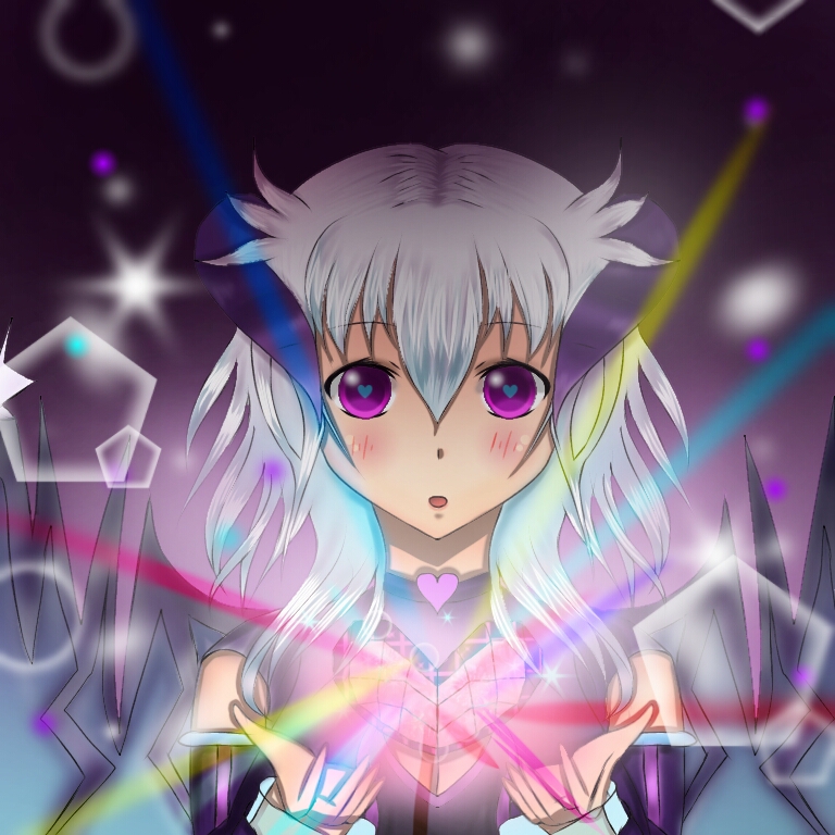 1girl blush cyan_(artist) gachaworld heart horns light lunime lunith open_mouth purple_eyes white_hair