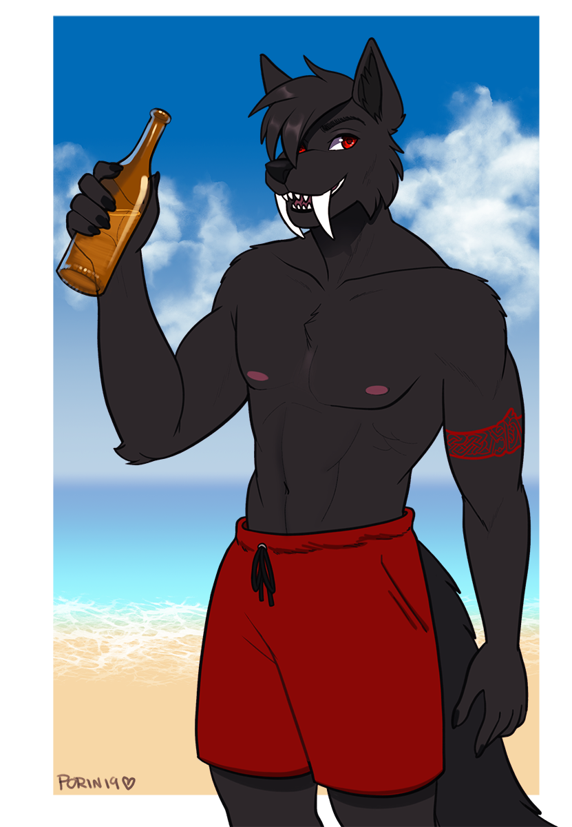 anthro beach board_shorts bottle canid canine clothed clothing male mammal nipples outside porin seaside solo standing topless