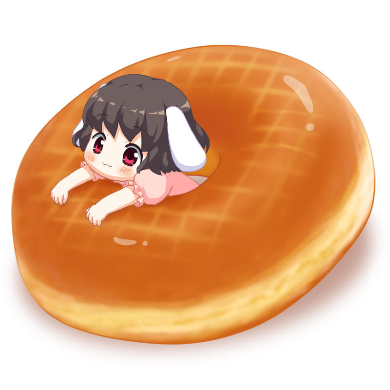 1girl :3 animal_ears arm_rest bebeneko black_hair blush bunny_ears commentary_request doughnut dress eyebrows_visible_through_hair food in_food inaba_tewi looking_at_viewer minigirl pink_dress puffy_short_sleeves puffy_sleeves red_eyes short_hair short_sleeves simple_background touhou upper_body white_background