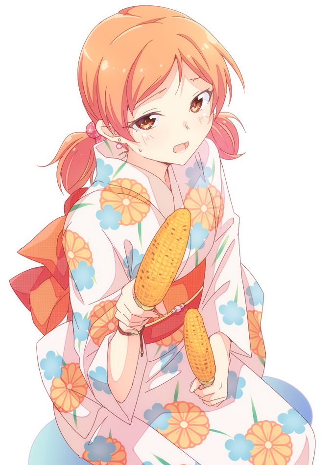 1girl blush breasts brown_eyes chrysanthemum_print corn e20 earrings floral_print from_above grilled_corn hand_up holding_corn idolmaster idolmaster_cinderella_girls idolmaster_cinderella_girls_starlight_stage japanese_clothes jewelry kimono komatsu_ibuki large_breasts long_sleeves looking_at_viewer low_twintails obi obijime open_mouth orange_hair orange_sash print_kimono sash short_hair simple_background sitting smile solo sweatdrop twintails white_background white_kimono wide_sleeves