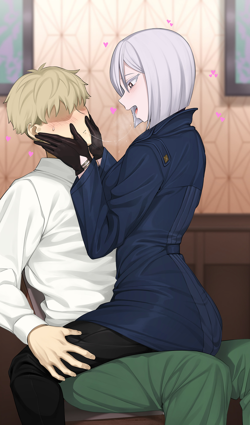 1boy 1girl after_kiss black_gloves black_pants blonde_hair blue_coat blurry blurry_background blush coat fiona_frost gloves green_pants grey_hair hair_over_one_eye hands_on_another's_face heart heart-shaped_pupils hetero highres indoors jjanda open_mouth pants saliva saliva_trail shirt short_hair sitting sitting_on_person spy_x_family sweatdrop symbol-shaped_pupils twilight_(spy_x_family) white_shirt