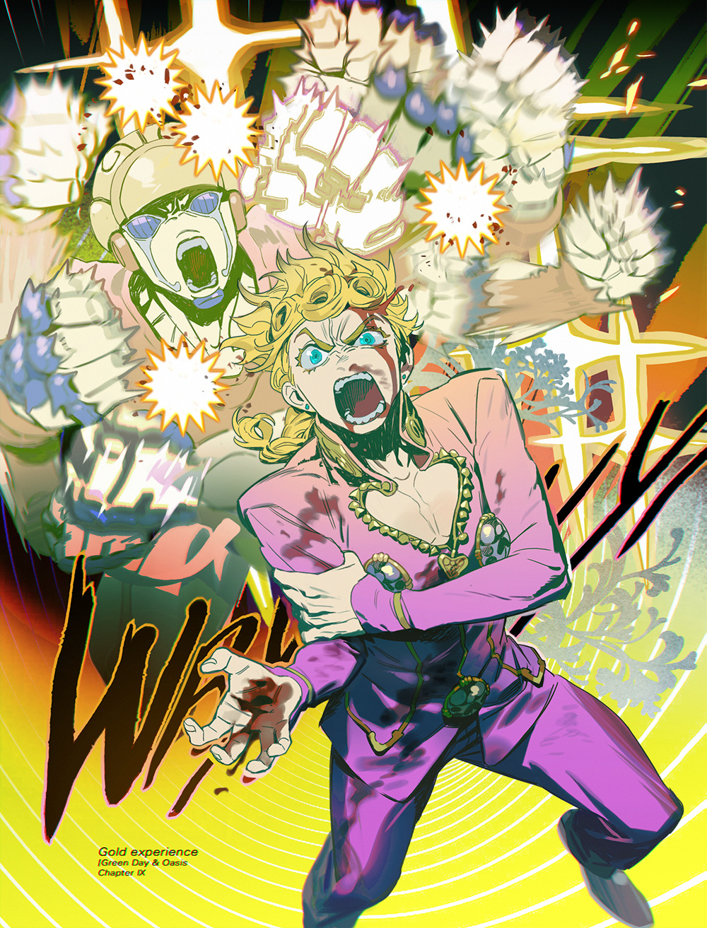 1boy aqua_eyes bleeding blonde_hair blood blood_on_clothes braid braided_ponytail chinese_commentary commentary diffraction_spikes earrings english_text foot_out_of_frame furrowed_brow giorno_giovanna gold_experience hand_on_own_arm highres injury jewelry jojo_no_kimyou_na_bouken long_hair male_focus motion_blur nosebleed open_mouth punching shishio_(shishio5431) shouting stand_(jojo) vento_aureo wryyyyyyyyyyyyyyyyyyyy