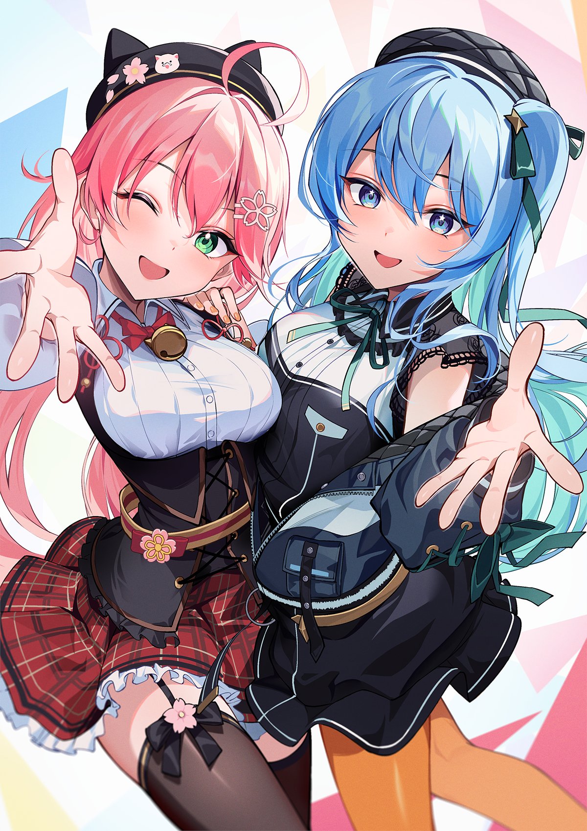 2girls :d ;d ahoge animal_hat aqua_hair beckoning bell beret black_bow black_dress black_headwear black_thighhighs blue_eyes blue_hair blue_jacket bodice bow bow_legwear bowtie breasts cat_hat cat_hat_ornament collared_dress colored_inner_hair double-parted_bangs dress dress_shirt eyelashes flower flower_ornament garter_straps green_eyes green_ribbon hair_flower hair_ornament hair_ribbon hairclip hand_on_another's_shoulder hat highres hololive hoshimachi_suisei hoshimachi_suisei_(streetwear) jacket jingle_bell kainown lace-trimmed_sleeves lace_trim long_hair long_sleeves looking_at_viewer low_twintails medium_breasts multicolored_hair multiple_girls nail_polish neck_bell neck_ribbon official_alternate_costume official_alternate_hairstyle one_eye_closed one_side_up open_hand open_mouth orange_nails orange_pantyhose outstretched_hand pantyhose partially_unzipped pink_hair plaid plaid_skirt quilted_headwear quilted_jacket reaching reaching_towards_viewer red_bow red_bowtie red_ribbon red_skirt ribbed_shirt ribbon sakura_miko sakura_miko_(3rd_costume) sakuramon sash shirt short_dress short_sleeves side-by-side skirt sleeve_ribbon small_breasts smile star_(symbol) star_hair_ornament star_in_eye striped_sash symbol_in_eye thighhighs thighs twintails two-sided_fabric two-sided_jacket underbust white_shirt
