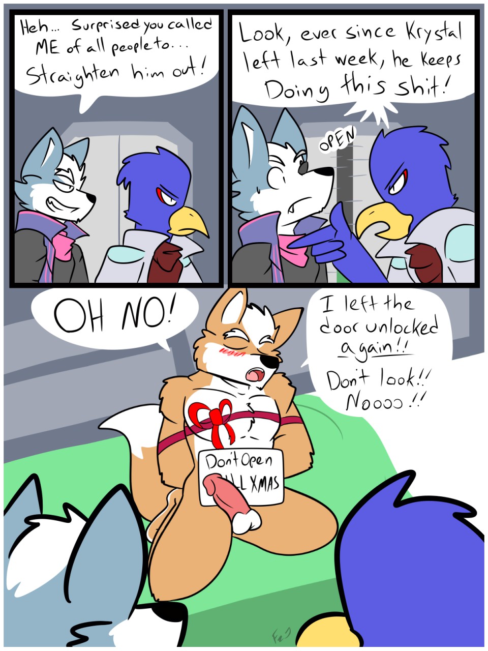 avian bed bird blush canid canine canis comic dialogue english_text erection falco_lombardi fox fox_mccloud foxzombiej gift hi_res humor inside male male/male mammal muscular nintendo penile penis star_fox text video_games wolf wolf_o'donnell