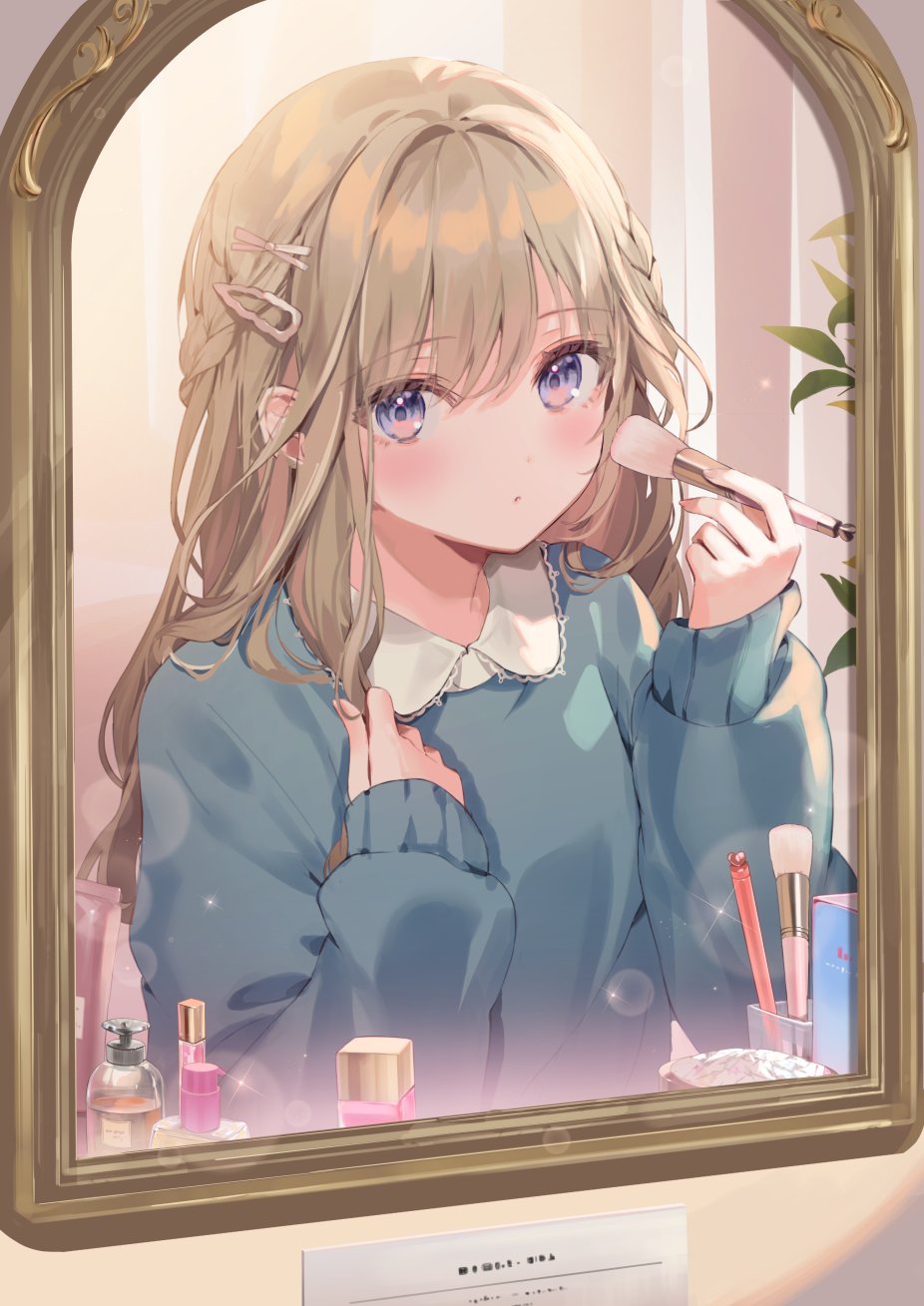 1girl blue_sweater blush brown_hair closed_mouth collared_shirt comiket_103 commentary_request hair_between_eyes hair_ornament hairclip hands_up highres holding indoors kanda_done long_hair long_sleeves makeup_brush mirror original puffy_long_sleeves puffy_sleeves purple_eyes reflection shirt sleeves_past_wrists solo sweater upper_body white_shirt