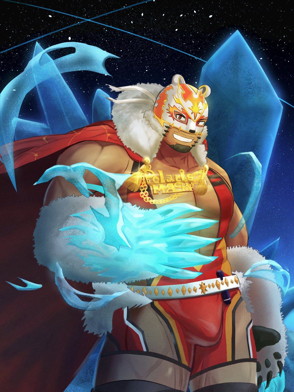1boy bara bear_mask bear_paws bodysuit brown_eyes bulge cape cryokinesis crystal dark-skinned_male dark_skin facial_hair feet_out_of_frame fishnet_cutout fur_trim goatee goatee_stubble grin highres huge_pectorals konpei_daidai live_a_hero looking_at_viewer male_focus mask muscular muscular_male official_alternate_costume polaris_mask_(live_a_hero) red_bodysuit red_cape short_hair singlet sky smile solo standing star_(sky) starry_sky wrestling_mask wrestling_outfit