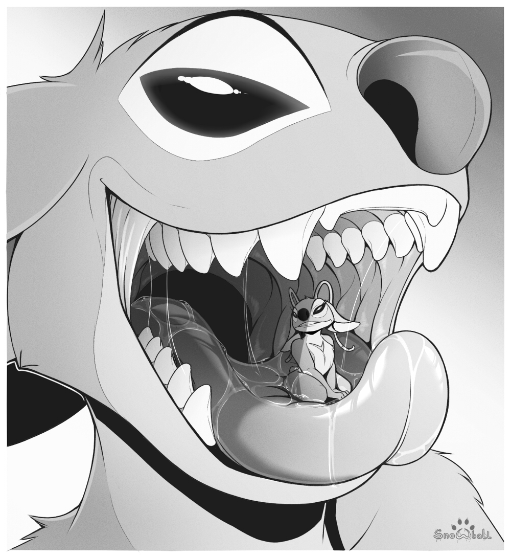 2018 alien angel_(lilo_and_stitch) antennae_(anatomy) border chest_markings digital_media_(artwork) disney duo experiment_(species) fur gradient_background greyscale inside_mouth kneeling lilo_and_stitch macro markings micro monochrome mouth_shot s2-freak saliva simple_background small_tail stitch vore white_border