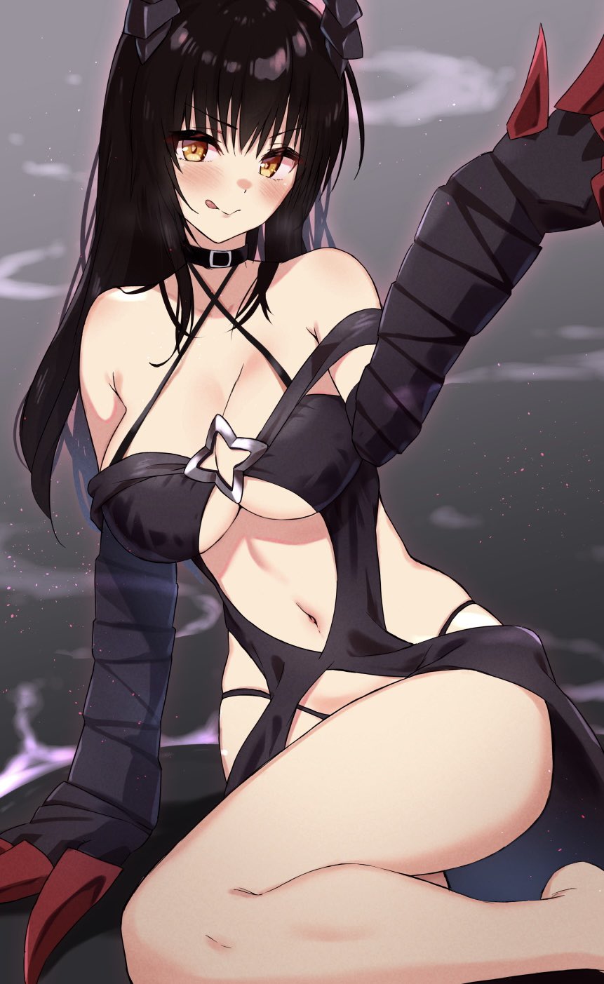 1girl :q barefoot black_collar black_dress black_gloves black_hair black_horns blush breasts brown_eyes cleavage clothing_cutout collar commentary_request commission cosplay dark_persona dress elbow_gloves gloves highres horns konjiki_no_yami konjiki_no_yami_(cosplay) kotegawa_yui large_breasts long_hair murio navel navel_cutout sitting skeb_commission solo to_love-ru to_love-ru_darkness tongue tongue_out underboob