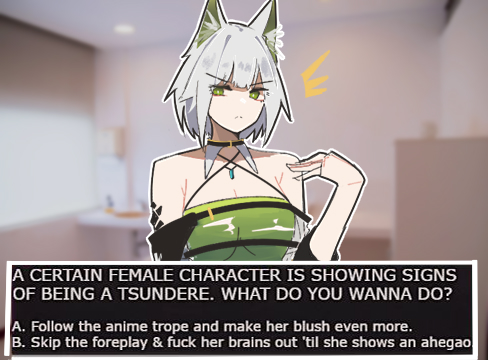 1girl animal_ear_fluff animal_ears arknights bare_shoulders cat_ears cat_girl choice closed_mouth commentary dialogue_options dress english_commentary english_text fake_screenshot green_dress green_eyes grey_hair kal'tsit_(arknights) looking_at_viewer lowres nuggetkouhai oripathy_lesion_(arknights) profanity short_hair solo upper_body visual_novel