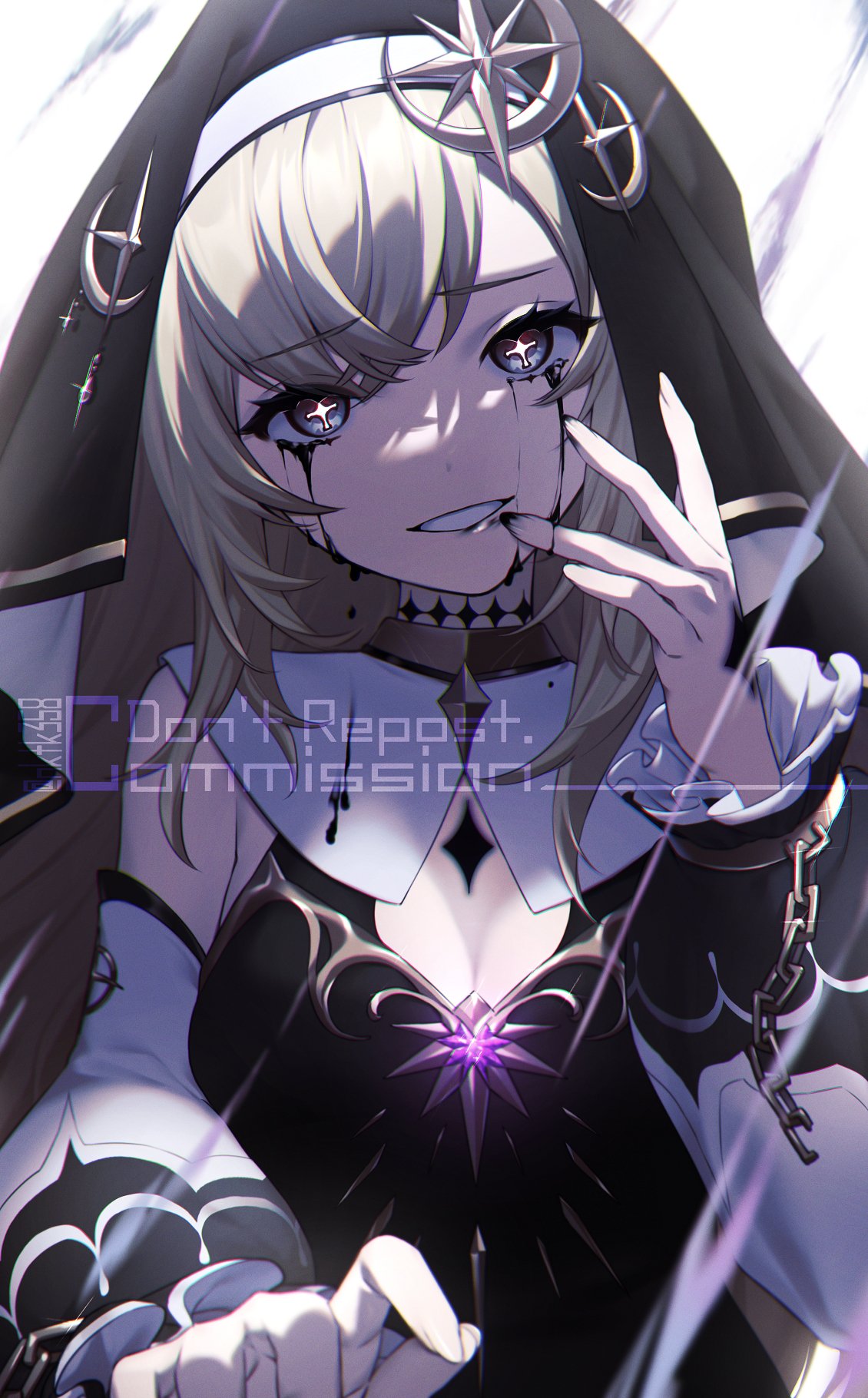 1girl black_dress black_tears black_veil blonde_hair blue_eyes chain commission detached_sleeves dress grin highres long_hair nakatoki_itsuki nun original skeb_commission smile solo veil white_sleeves