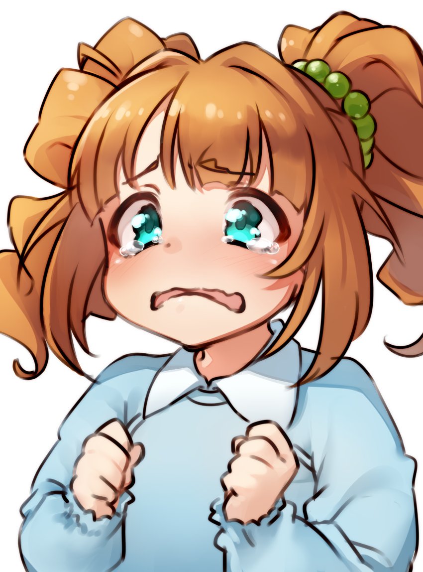 1girl beads blush clenched_hands green_eyes hair_beads hair_ornament idolmaster idolmaster_(classic) idolmaster_million_live! kakaobataa kindergarten_uniform looking_ahead orange_hair simple_background smock solo takatsuki_yayoi tearing_up tears twintails upper_body wavy_eyes white_background