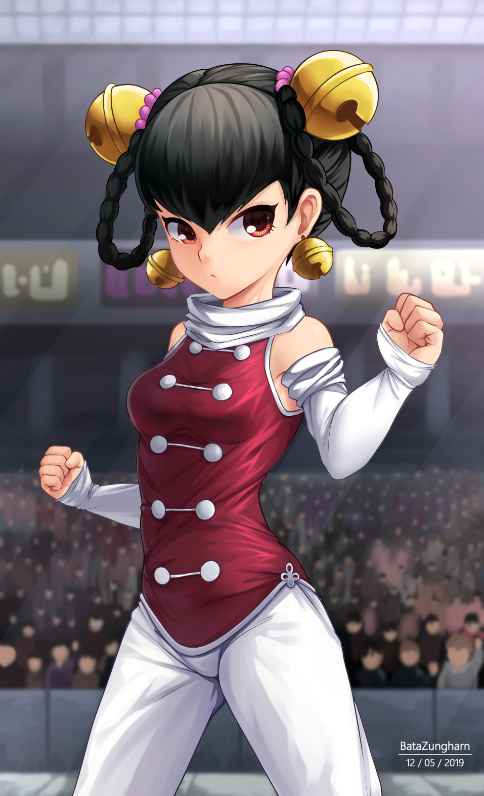 1girl artist_name audience batazungharn bell bell_earrings black_hair blurry blurry_background braided_hair_rings breasts chinese_clothes clenched_hands cowboy_shot dated detached_sleeves earrings fighting_stance hair_bell hair_ornament highres jewelry lin_lin_(one-punch_man) medium_breasts one-punch_man pants petite red_eyes shirt sleeveless sleeveless_shirt solo stadium v-bangs white_pants