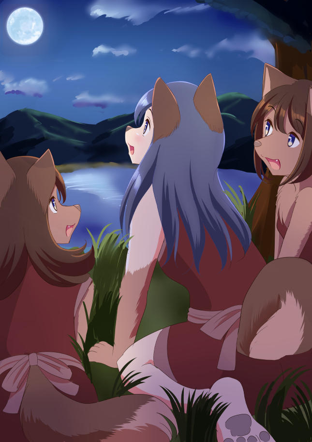 animal_humanoid animal_tail blue_eyes blue_hair brown_nose canid canid_humanoid canine canine_humanoid clothed clothing fangs female fur grass hair happy humanoid lake looking_up mammal mammal_humanoid moon mountain night outside pawpads paws roina rosy_cheeks scenic sitting sky snout wolf_humanoid wolf_tail