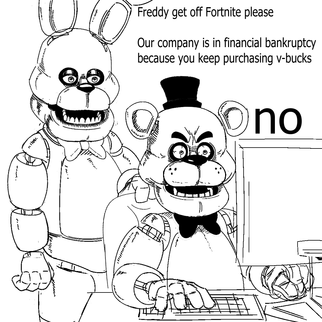 2023 animatronic anthro bear black_and_white bonnie_(fnaf) bow_tie chair clothing computer computer_keyboard computer_mouse desk dialogue duo electronics english_text epic_games epm341 eyebrows five_nights_at_freddy's fortnite freddy_(fnaf) furniture hat headgear headwear humor lagomorph leporid machine male mammal meme monochrome open_mouth rabbit robot scottgames shitpost simple_background sitting standing table teeth text top_hat vein white_background