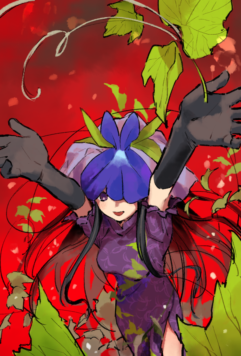 1girl black_gloves black_hair china_dress chinese_clothes dress elbow_gloves flower flower_on_head frilled_sleeves frills from_above gloves grape_print highres kaigen_1025 leaf long_hair one_eye_covered open_mouth outstretched_arms purple_dress purple_eyes purple_flower reaching red_background short_sleeves sidelocks smile solo straight_hair touhou vine_print yomotsu_hisami