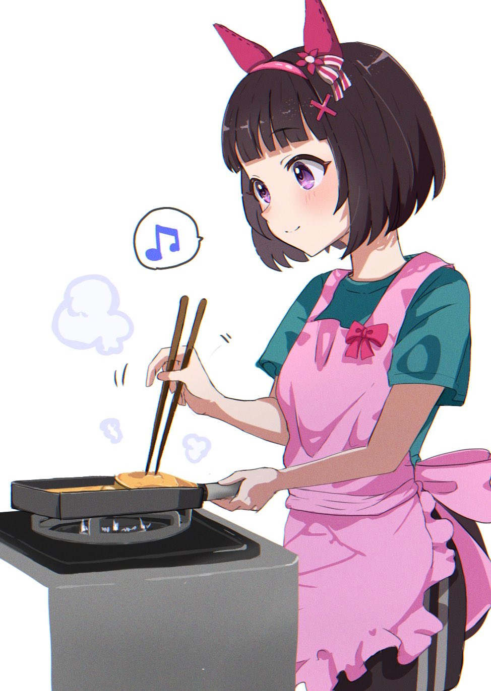 1girl alternate_costume animal_ears apron black_hair blush casual chopsticks cooking food hair_ornament headband highres horse_ears horse_girl horse_tail medium_hair musical_note nishino_flower_(umamusume) purple_eyes small-wso6-bell smile spoken_musical_note stove tail umamusume white_background x_hair_ornament