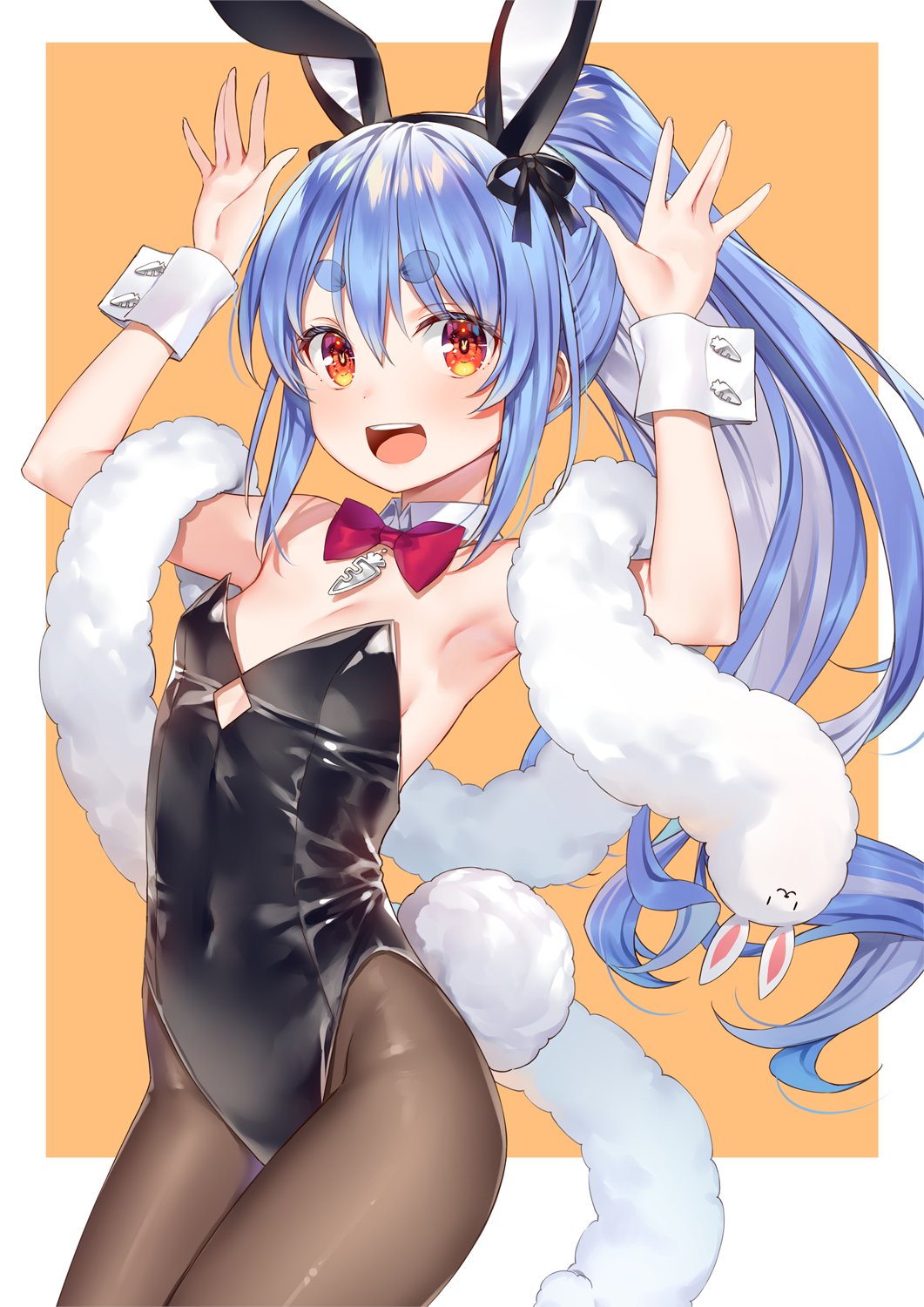 1girl animal_ears armpits black_leotard blue_hair bow bowtie breasts brown_pantyhose cleavage covered_navel detached_collar don-chan_(usada_pekora) fake_animal_ears highres hololive leotard long_hair looking_at_viewer open_mouth orange_eyes pantyhose playboy_bunny ponytail rabbit_tail red_bow red_bowtie sidelocks small_breasts solo standing tail teeth thick_eyebrows tongue upper_teeth_only usada_pekora virtual_youtuber wrist_cuffs yuuki_hagure