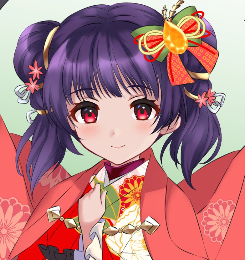 1girl bow closed_mouth colored_eyelashes commentary_request fire_emblem fire_emblem:_the_sacred_stones floral_print flower gem_hair_ornament gradient_background green_background hair_bow hair_flower hair_ornament hair_ribbon hair_tie hand_on_own_chest japanese_clothes kakiko210 kimono light_blush looking_at_viewer medium_hair myrrh_(fire_emblem) new_year no_wings pink_bow pink_kimono purple_hair red_eyes red_ribbon ribbon short_twintails smile solo twintails upper_body white_background white_ribbon yellow_ribbon