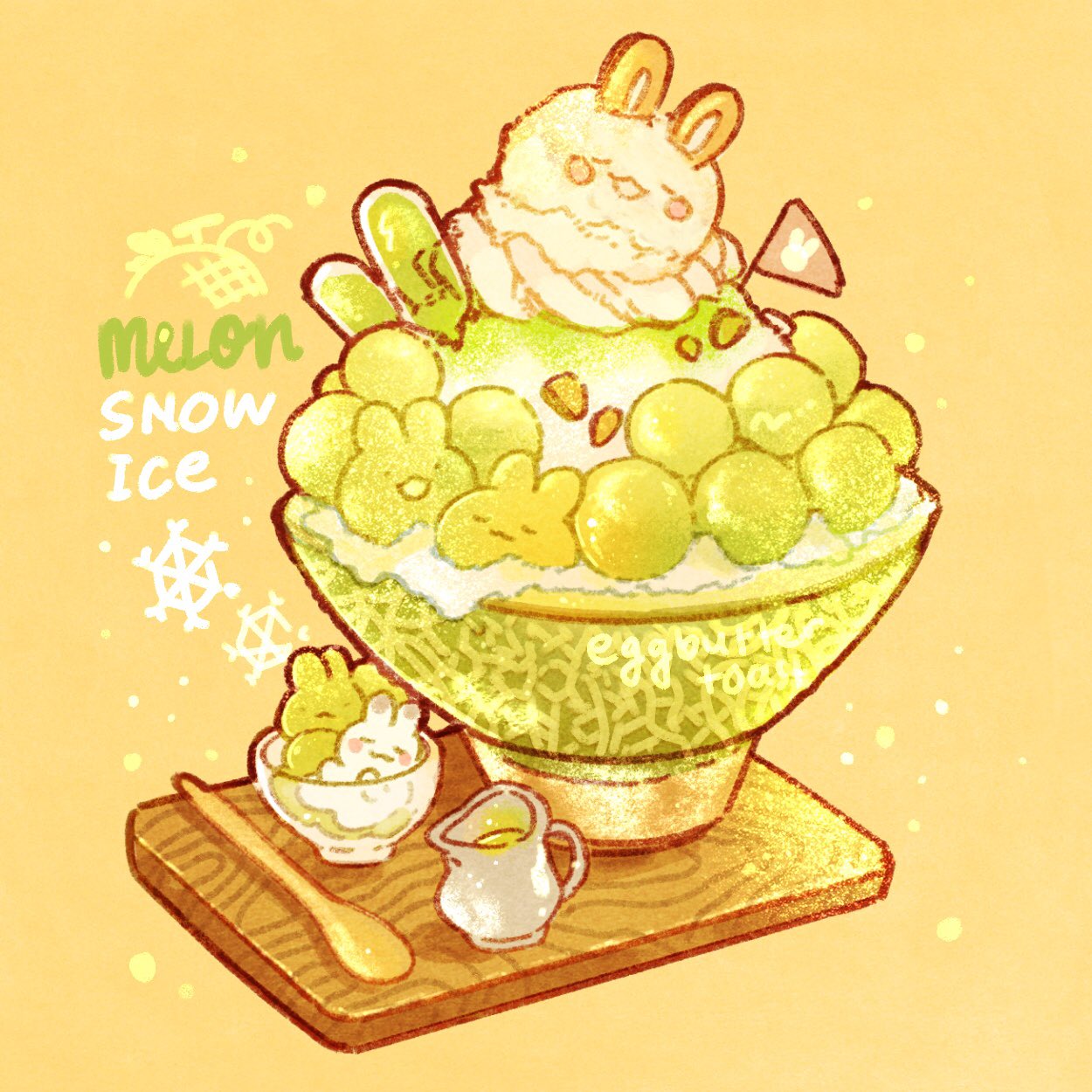 animal-themed_food artist_name commentary cup disposable_cup english_commentary english_text flag food food_focus fruit highres ice_cream matcha_(food) melon nao_(bestrollever) no_humans nut_(food) orange_background original oversized_food oversized_object rabbit shaved_ice simple_background snowflakes spoon summer