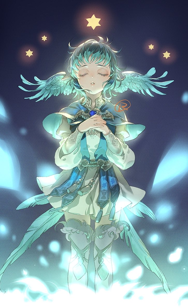 1girl aqua_hair belt bird_girl bird_legs bird_tail bird_wings blue_background blue_capelet blue_gemstone brooch capelet closed_eyes collared_dress commentary_request dress facing_viewer feathered_wings feet_out_of_frame final_fantasy final_fantasy_xiv gem glowing glowing_flower hands_up head_wings jewelry long_sleeves meteion own_hands_together parted_lips short_hair solo standing star_(symbol) straight-on suzuki_rika tail tassel white_dress wings