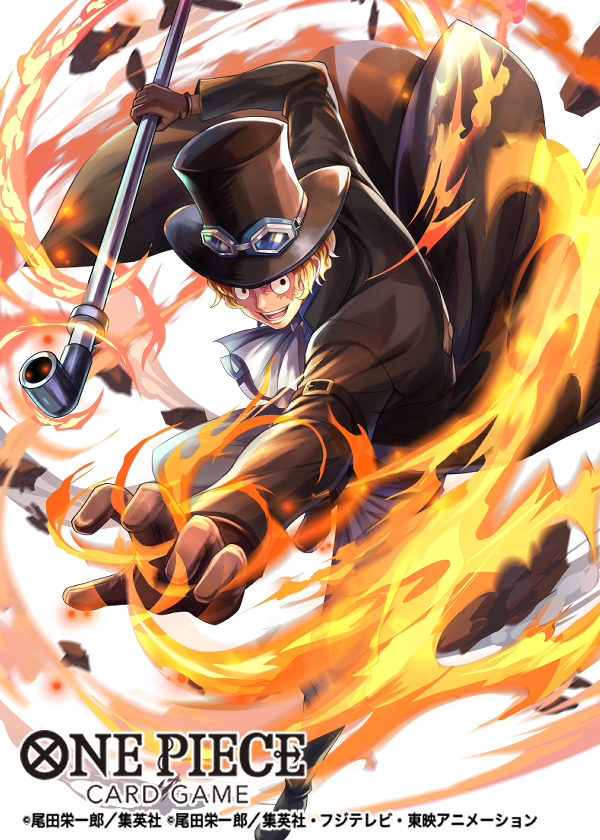 1boy ascot black_eyes black_headwear blonde_hair brown_gloves commentary_request english_text fire gloves goggles goggles_on_headwear hat hokuyuu holding holding_weapon lead_pipe male_focus official_art one_piece open_mouth sabo_(one_piece) scar scar_across_eye scar_on_face short_hair smile solo teeth top_hat translated weapon white_ascot