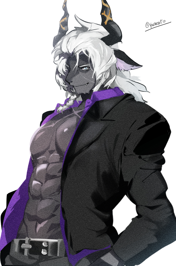 1boy ai_manato alchemy_stars bara bare_pectorals black_suit blue_eyes cowboy_shot fang fang_out from_side furry furry_male hands_in_pockets istvan_(alchemy_stars) long_hair looking_at_viewer male_focus medium_hair official_alternate_costume pectorals seductive_smile shirt smile solo suit white_hair