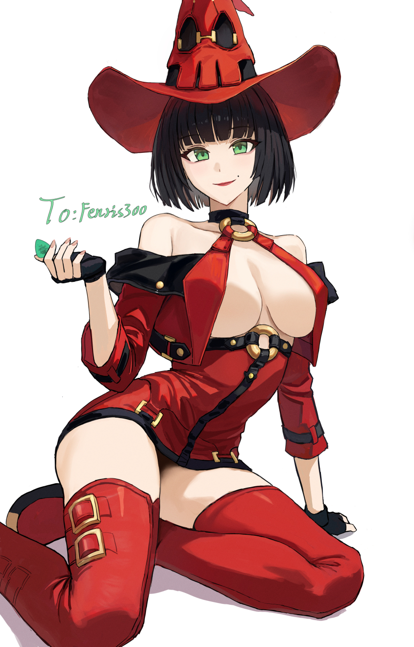 1girl bare_shoulders black_hair breasts commission dress fingerless_gloves gloves green_eyes guilty_gear guilty_gear_strive hat highres i-no looking_at_viewer mole mole_under_eye purple_z red_dress red_headwear red_thighhighs smile solo thighhighs white_background witch_hat