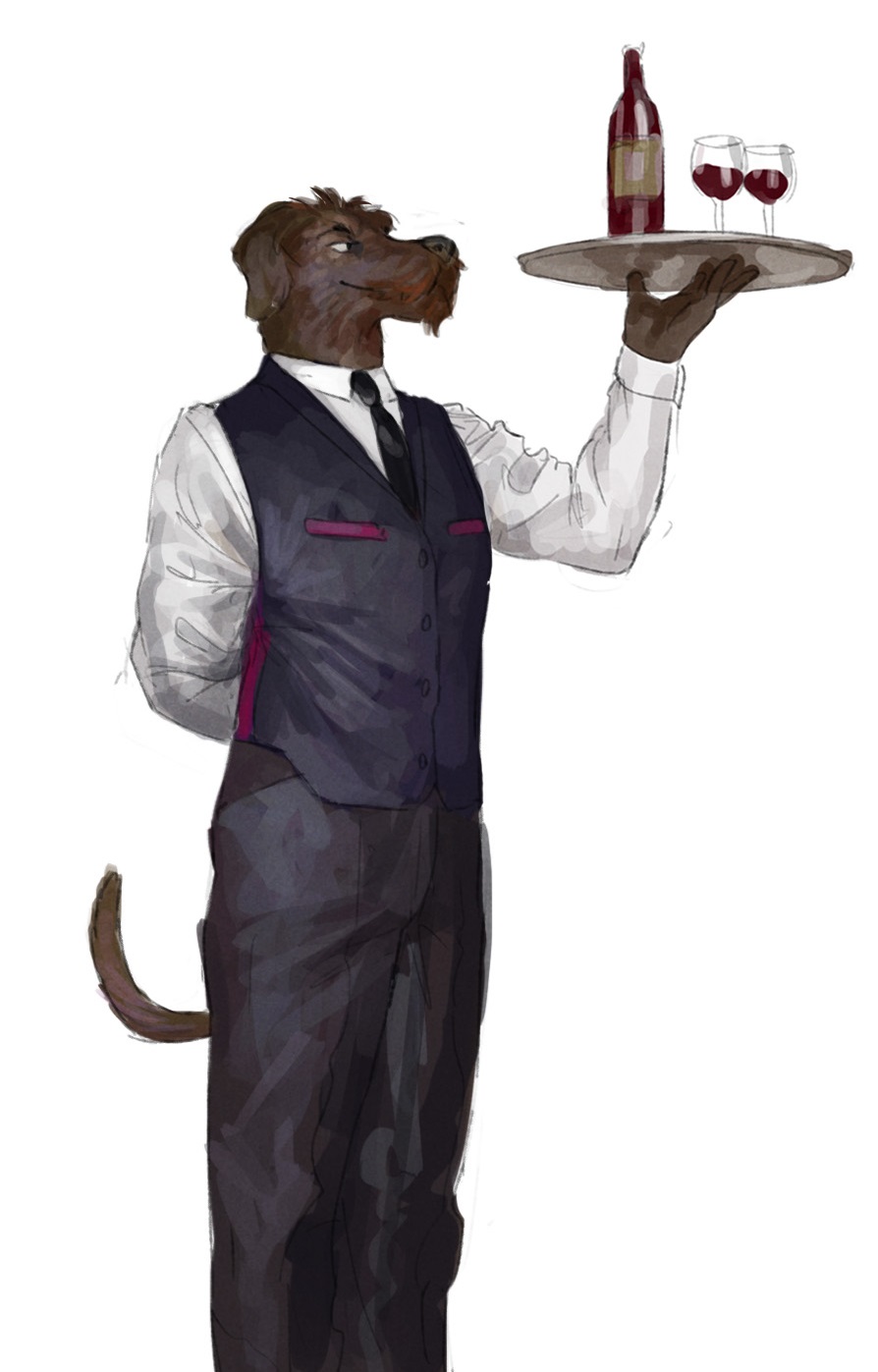 2022 alcohol anthro beverage bottomwear brown_body brown_fur canid canine canis cettus classy clothed clothing container cup domestic_dog dress_shirt drinking_glass fully_clothed fur glass glass_container glass_cup hand_behind_back hi_res holding_object male mammal necktie pants shirt simple_background solo standing suit tail topwear tray vest waiter white_background wine wine_bottle wine_glass