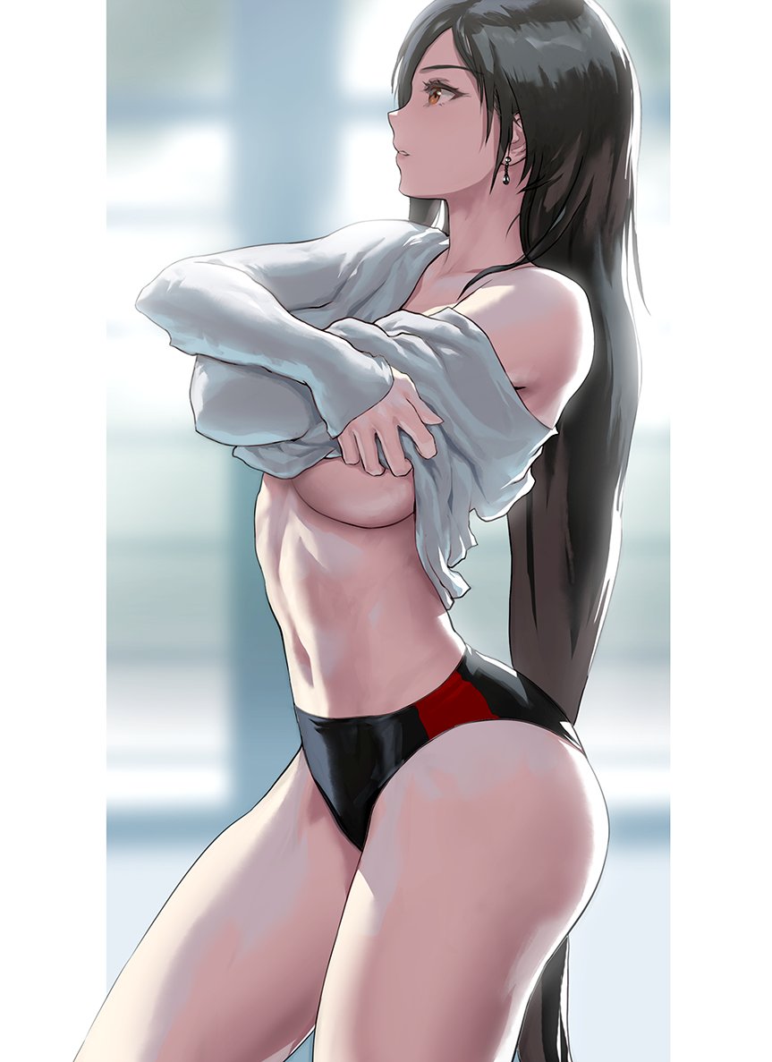 1girl black_hair black_panties blurry blurry_background breasts clothes_lift crossed_arms dangle_earrings earrings final_fantasy final_fantasy_vii final_fantasy_vii_remake infi jewelry large_breasts lifted_by_self long_hair navel panties parted_lips pillarboxed red_eyes single_bare_shoulder solo stomach sweater sweater_lift thighs tifa_lockhart toned underboob underwear undressing very_long_hair white_sweater