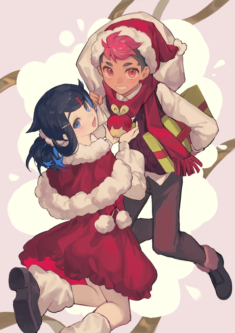 1boy 1girl :d alternate_costume applin black_hair blue_eyes box brown_pants brown_vest capelet christmas collared_shirt commentary_request dress fur-trimmed_capelet fur_trim gift gift_box grin hair_ornament hairclip happy hat holding holding_pokemon holding_sack kyuuden_mikan liko_(pokemon) looking_back loose_socks multicolored_hair open_mouth pants pink_eyes pokemon pokemon_(anime) pokemon_(creature) pokemon_horizons red_capelet red_dress red_headwear red_scarf roy_(pokemon) sack santa_hat scarf shirt shoes short_hair smile socks teeth two-tone_hair vest white_shirt