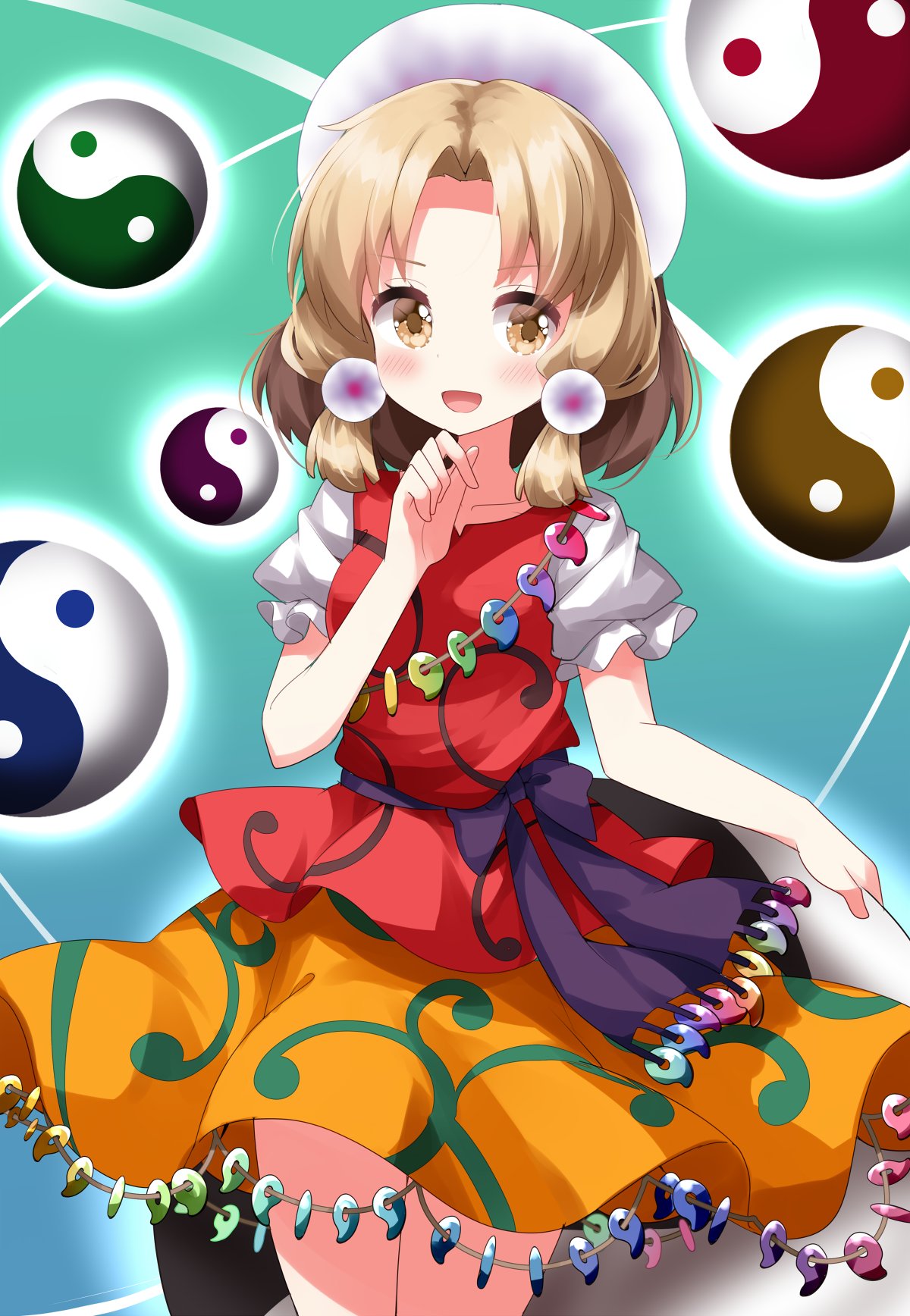 1girl belt blonde_hair blue_background blush bow breasts brown_eyes brown_hair collarbone gradient_background green_background hair_ornament hand_up highres jewelry looking_to_the_side magatama magatama_necklace medium_breasts multicolored_background multicolored_hair necklace open_mouth orange_skirt orb parted_bangs pearl_hair_ornament puffy_short_sleeves puffy_sleeves purple_belt purple_bow red_vest ruu_(tksymkw) shirt short_hair short_sleeves simple_background skirt smile solo standing tamatsukuri_misumaru tiara tongue touhou two-tone_hair vest white_shirt yin_yang yin_yang_orb