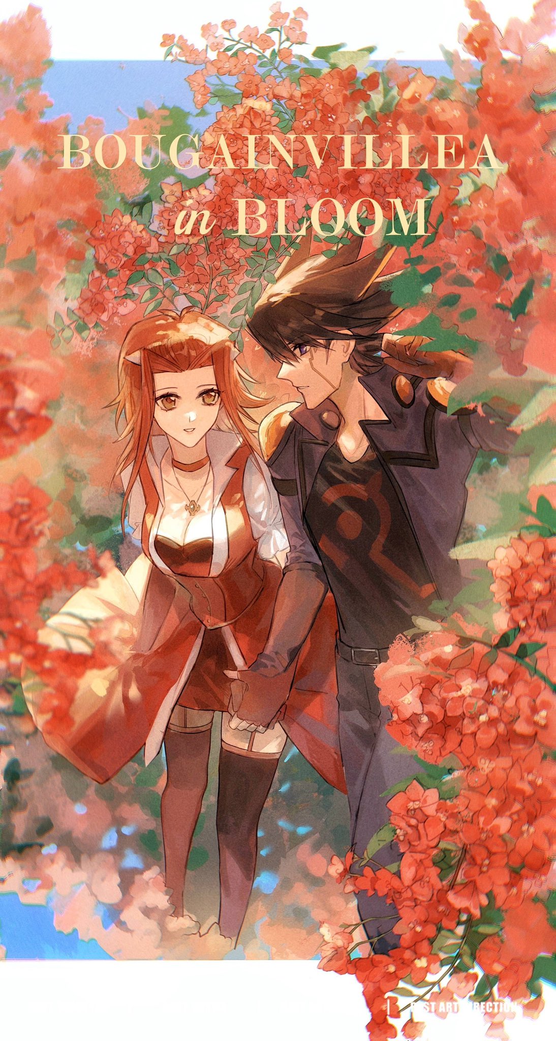 1boy 1girl arm_up belt black_gloves black_hair black_shirt black_thighhighs blue_eyes blue_jacket blue_pants bougainvillea_(flower) chinese_commentary choker collared_dress commentary_request corset couple day dress english_text facial_mark facial_tattoo fingerless_gloves flower fudou_yuusei garden garter_straps gloves hetero high_collar highres holding_hands izayoi_aki jacket looking_at_another multicolored_hair naoki_(2rzmcaizerails6) open_clothes open_jacket outdoors pants parted_bangs puffy_short_sleeves puffy_sleeves red_choker red_corset red_dress red_flower red_hair shirt short_hair_with_long_locks short_sleeves smile spiked_hair streaked_hair tattoo thighhighs yu-gi-oh! yu-gi-oh!_5d's