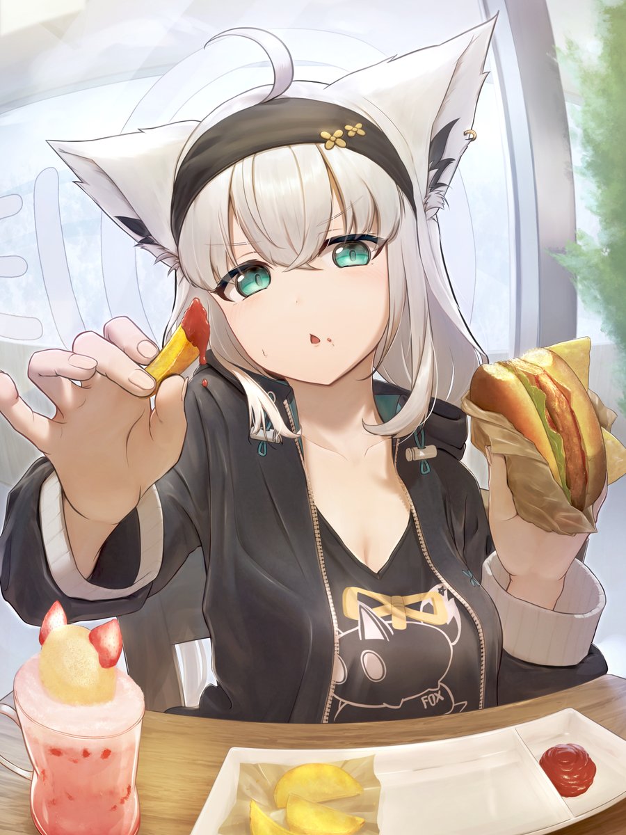 1girl ahoge animal_ear_fluff animal_ears aqua_eyes black_hairband black_jacket black_shirt breasts burger chair cleavage commentary cup earrings english_commentary food food_on_face food_request fox_ears fox_girl french_fries hair_between_eyes hairband highres holding holding_food hololive indoors jacket jewelry ketchup lerk_puzz looking_at_viewer medium_breasts mixed-language_commentary nejima_kitsune_(shirakami_fubuki) on_chair parted_lips shirakami_fubuki shirakami_fubuki_(7th_costume) shirt sidelocks single_earring sitting solo table tray triangle_mouth unzipped virtual_youtuber white_hair wooden_chair wooden_table