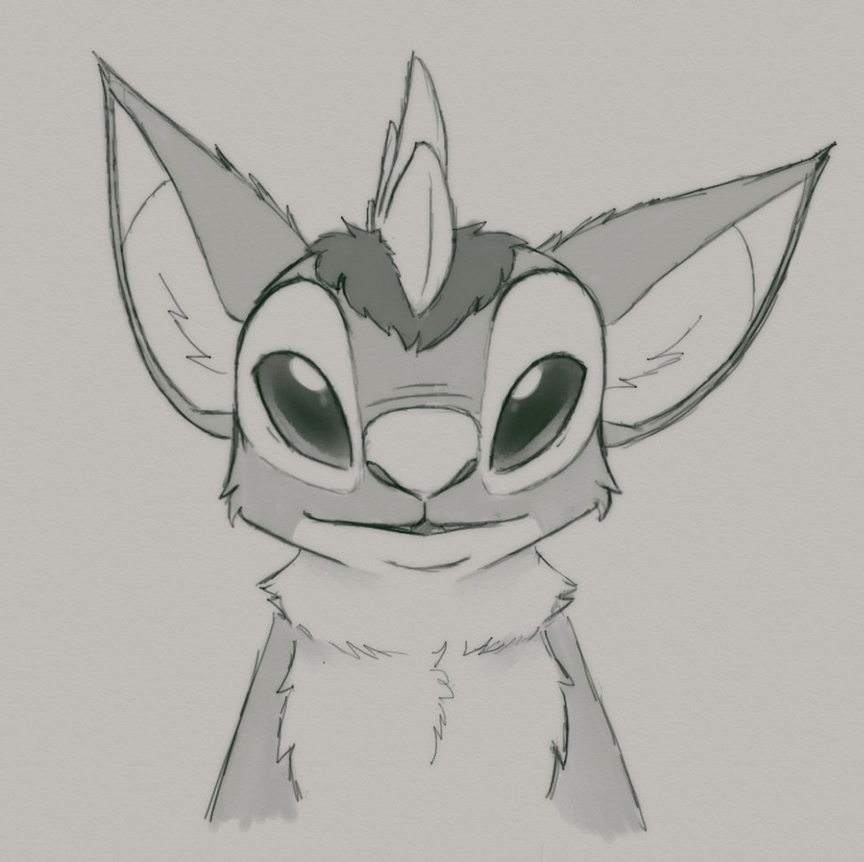 2023 alien ambiguous_gender anthro biped chest_tuft disney experiment_(lilo_and_stitch) fan_character front_view fur grey_background greyscale lilo_and_stitch looking_at_viewer male_(lore) mohawk monochrome ovni petrock simple_background solo tuft