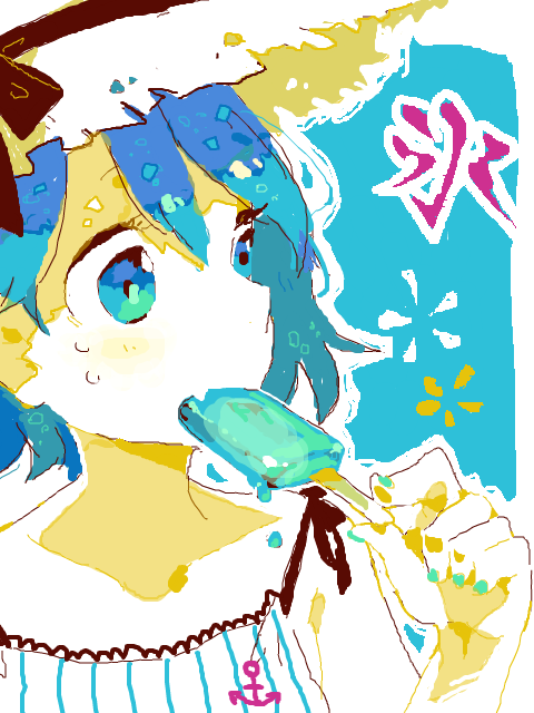 1girl alternate_costume alternate_headwear anchor_print aqua_nails armpit_crease bare_shoulders black_ribbon blue_background blue_eyes blue_hair border cirno close-up collarbone dappled_sunlight eating fang food hair_between_eyes hand_up hat hat_ribbon holding holding_food holding_popsicle hot looking_to_the_side melting multicolored_eyes nail_polish oekaki oimo_(14sainobba) outline popsicle ribbon rounded_corners shade short_hair skin_fang solo straw_hat striped summer sun_hat sunlight sweat tegaki touhou upper_body vertical_stripes white_border white_outline