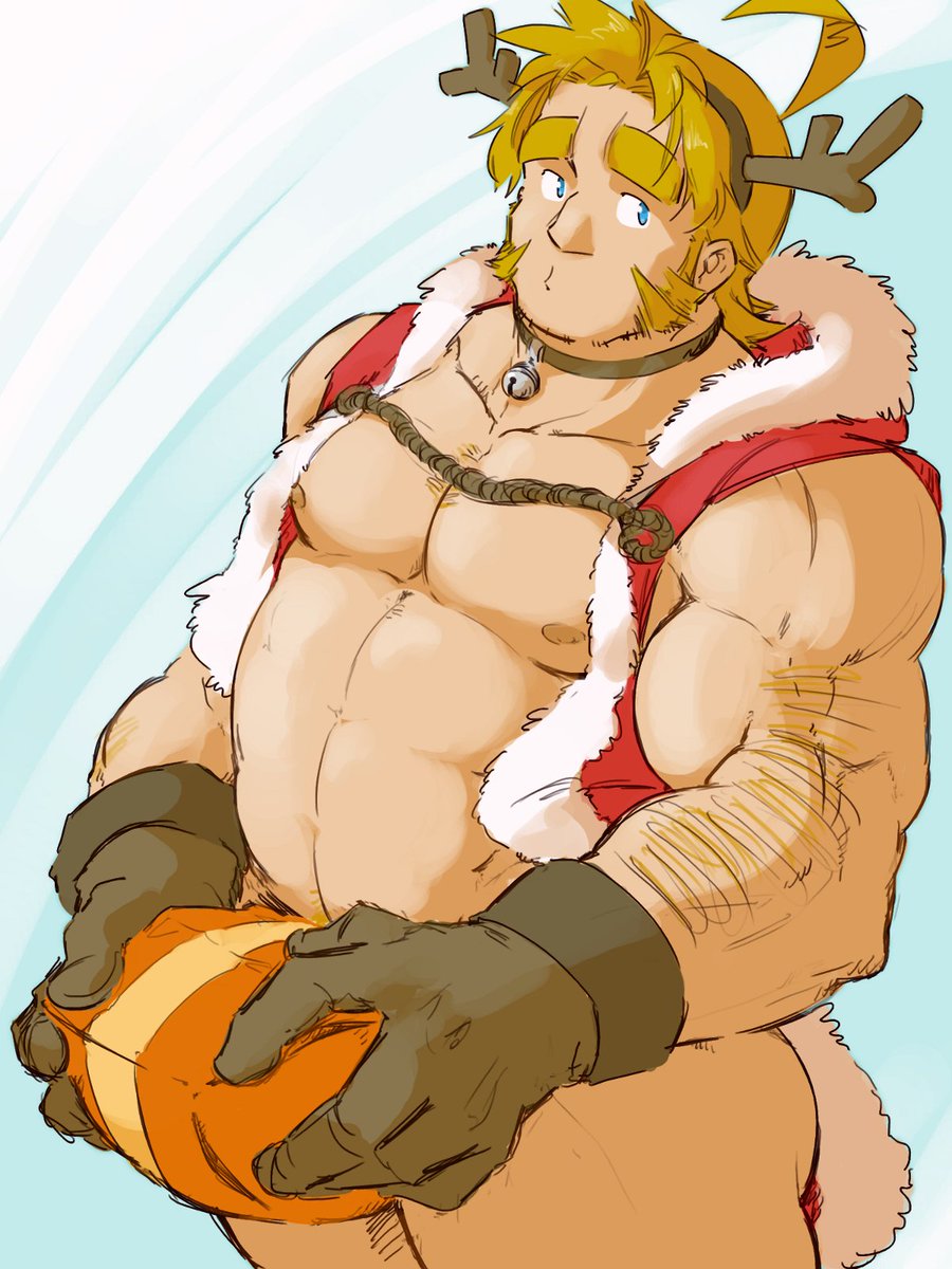 1boy abs antlers arm_hair averting_eyes bara bare_pectorals bell belly blonde_hair bottomless box character_request christmas covering_crotch covering_privates fake_antlers feet_out_of_frame gift gift_box gradient_background hat highres holding holding_gift huge_eyebrows large_hands large_pectorals male_focus mature_male muscular muscular_male mutton_chops neck_bell nipples pectorals piikeisandaa plump red_headwear reindeer_antlers santa_costume santa_hat short_hair solo sparse_chest_hair standing strongman_waist thick_eyebrows thick_thighs thighs whistling world_flipper