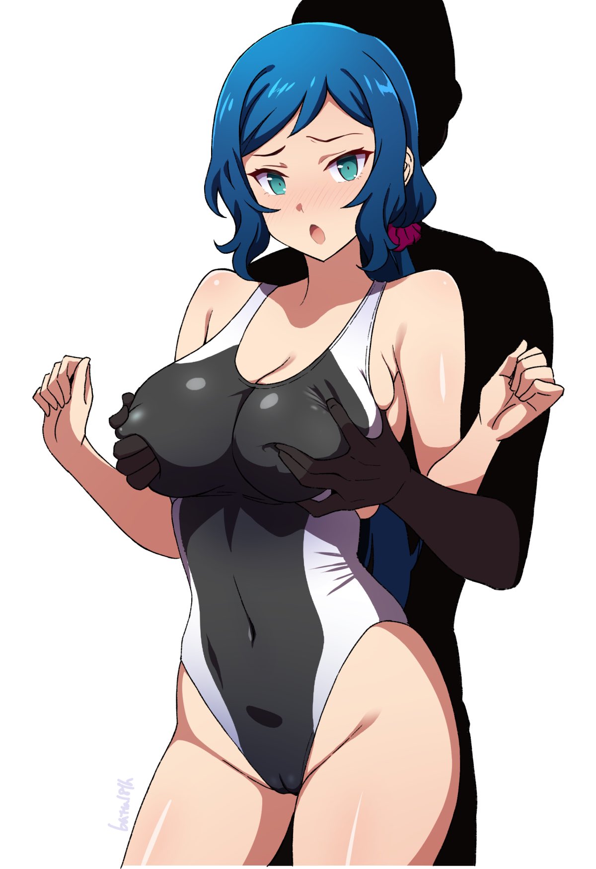 1boy 1girl batta_16-sei blue_hair blush breasts cameltoe covered_navel faceless faceless_male grabbing grabbing_another's_breast gundam gundam_build_fighters hair_ornament hair_scrunchie highleg highres iori_rinko large_breasts nipple_tweak one-piece_swimsuit scrunchie shadow swimsuit wedgie