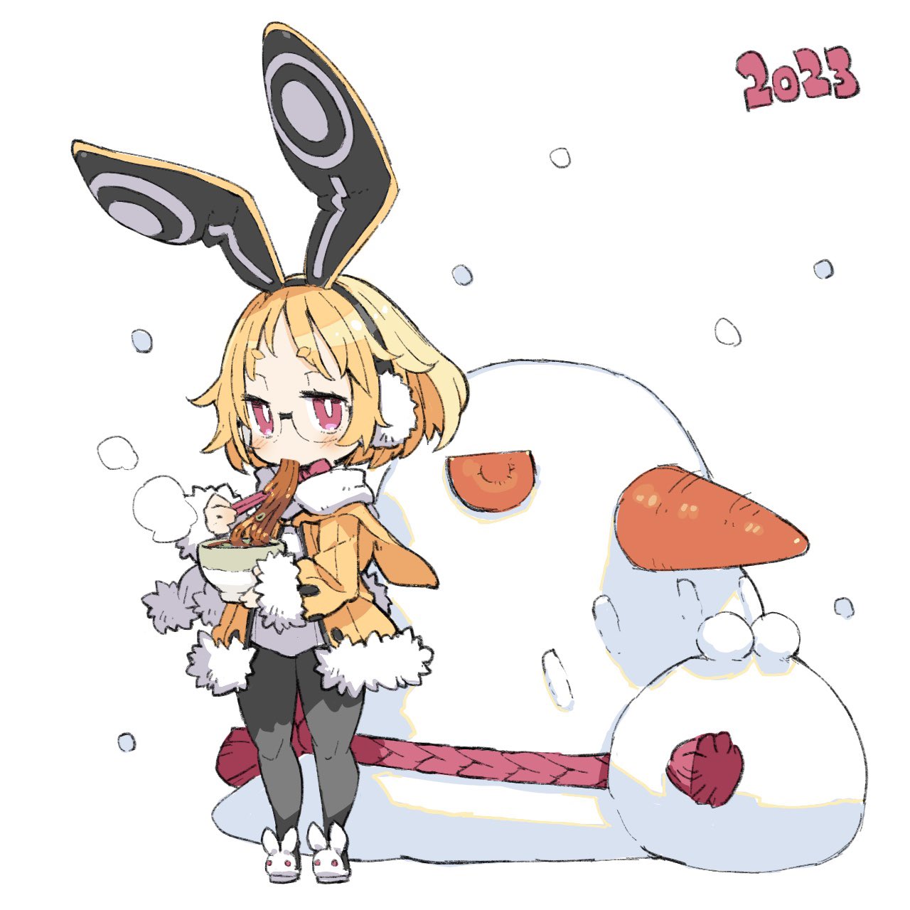 2023 animal_ears black_pantyhose blonde_hair blush bowl carrot chopsticks coat commentary_request disgaea earmuffs eating fake_animal_ears food full_body fur-trimmed_coat fur_trim harada_takehito highres holding holding_bowl holding_chopsticks leotard noodles open_clothes open_coat pantyhose pink_eyes prinny rabbit_ears short_hair snow snowing snowman usalia_(disgaea) white_leotard winter