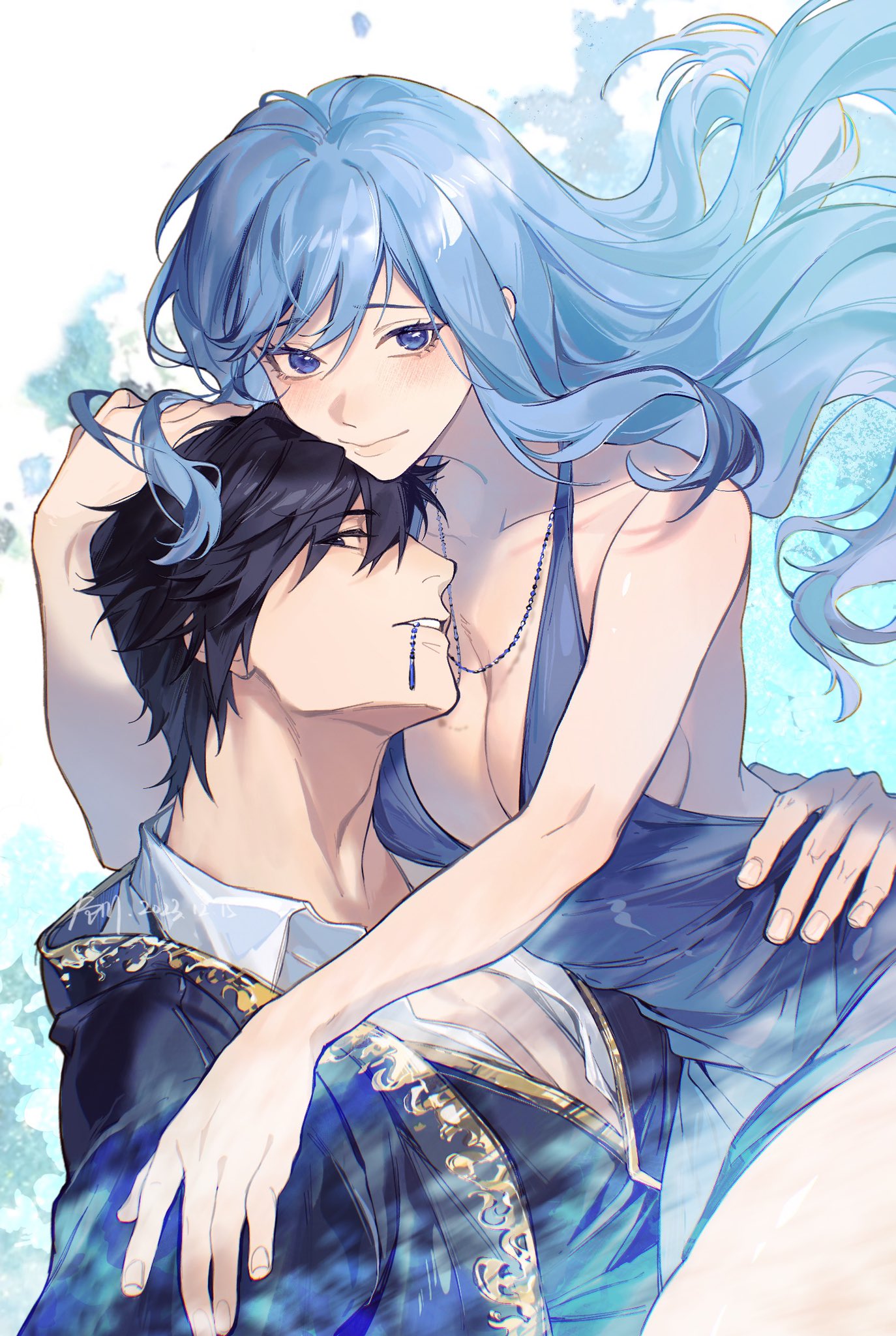 1boy 1girl alternate_costume backless_dress backless_outfit black_coat black_eyes black_hair black_vest blue_background blue_dress blue_eyes blue_hair blush breasts cleavage coat collared_shirt colored_skin dress fairy_tail gray_fullbuster highres hug jewelry juvia_lockser jyukawa long_hair looking_at_viewer necklace on_person pectoral_cleavage pectorals shirt short_hair smile two-tone_background vest white_background white_shirt white_skin