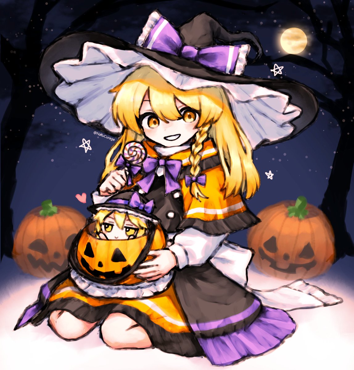 1girl :d bare_tree black_capelet black_headwear blonde_hair bow braid candy capelet commentary_request food frilled_hat frills full_body full_moon fumo_(doll) halloween halloween_bucket hat hat_bow heart highres holding holding_food jack-o'-lantern kirisame_marisa lollipop looking_at_viewer moon natucurage night open_mouth outdoors purple_bow side_braid single_braid sitting smile solo star_(symbol) touhou tree twitter_username yellow_eyes