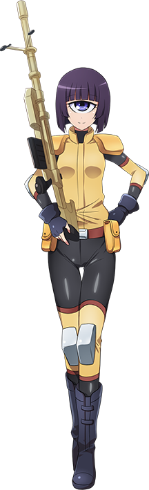 1girl artist_request black_gloves black_hair blunt_bangs bodysuit breasts cyclops elbow_pads full_body game_cg gloves gun holding holding_gun holding_weapon knee_pads looking_at_viewer manako monster_musume_no_iru_nichijou monster_musume_no_iru_nichijou_online official_art one-eyed rifle short_hair shoulder_pads small_breasts smile solo tachi-e thigh_gap transparent_background weapon yellow_bodysuit