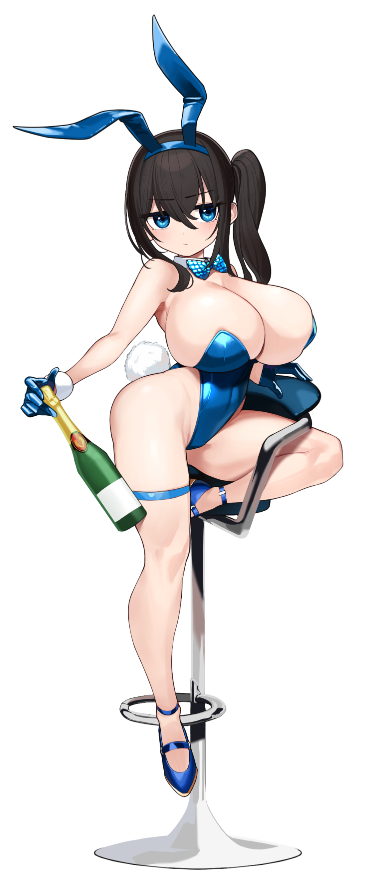 1girl alcohol animal_ears bar_stool bare_shoulders black_hair blue_bow blue_bowtie blue_eyes blue_footwear blue_gloves blue_hairband blue_leotard bottle bow bowtie breasts champagne cleavage commentary_request detached_collar detached_sleeves fake_animal_ears fake_tail frown full_body gloves hair_between_eyes hairband high_heels highleg highleg_leotard highres holding holding_bottle huge_breasts leotard long_hair looking_at_viewer omizu_(h2o) original playboy_bunny rabbit_ears rabbit_tail shoes side_ponytail simple_background sitting solo stool tail thigh_strap white_background wide_sleeves
