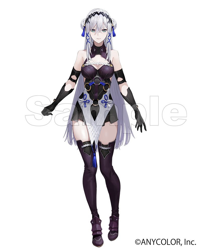 1girl aqua_eyes armor armored_boots armored_dress bare_shoulders black_dress black_gloves blue_tassel boots braid braided_bun breasts cleavage cleavage_cutout closed_mouth clothing_cutout commentary_request company_name copyright_notice double_bun dress elbow_gloves elbow_pads faulds flower_knot full_body gauntlets gloves hair_bun hair_ornament hairband holding holding_weapon large_breasts long_bangs long_hair looking_at_viewer matsuo_shogo mole mole_under_eye nijisanji nijisanji_en o-ring official_art pelvic_curtain pigeon-toed purple_dress purple_footwear purple_thighhighs rope sample_watermark shirt shoulder_armor simple_background sleeveless sleeveless_shirt solo standing straight-on tachi-e tassel tassel_hair_ornament thighhighs thighs very_long_hair victoria_brightshield virtual_youtuber watermark weapon white_background white_hair white_rope x_hair_ornament