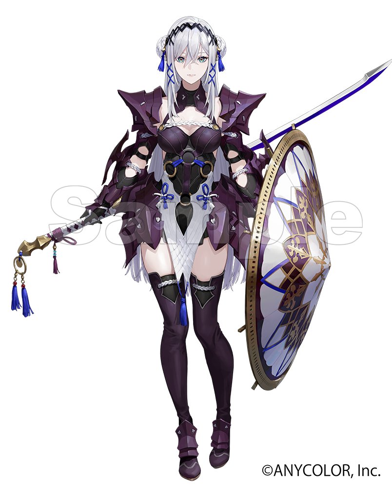 1girl aqua_eyes arm_guards armor armored_boots armored_dress black_dress blue_tassel boots braid braided_bun breasts cleavage cleavage_cutout closed_mouth clothing_cutout commentary_request company_name copyright_notice double_bun dress faulds flower_knot full_body gauntlets hair_bun hair_ornament hairband holding holding_shield holding_sword holding_weapon large_breasts long_bangs long_hair looking_at_viewer matsuo_shogo mole mole_under_eye nijisanji nijisanji_en o-ring official_art pauldrons pelvic_curtain pigeon-toed purple_dress purple_footwear purple_thighhighs rope sample_watermark shield shoulder_armor simple_background solo standing straight-on sword sword_behind_back tachi-e tassel tassel_hair_ornament thighhighs thighs tsuka-ito very_long_hair victoria_brightshield virtual_youtuber watermark weapon white_background white_hair white_rope x_hair_ornament