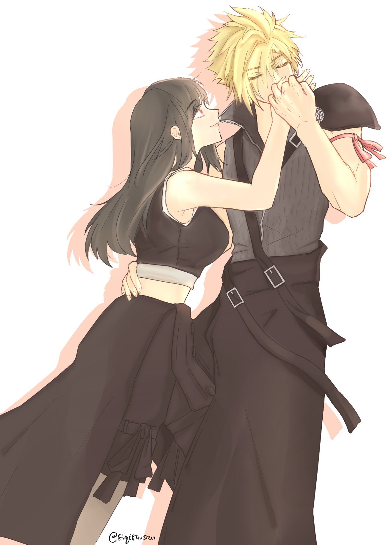 1boy 1girl apron arm_ribbon bare_shoulders belt_buckle black_apron black_hair black_shorts black_vest blonde_hair breasts buckle closed_eyes closed_mouth cloud_strife commentary couple crop_top feet_out_of_frame final_fantasy final_fantasy_vii final_fantasy_vii_advent_children hand_on_another's_hip hetero highres holding_hands kiss kissing_hand large_breasts long_hair looking_at_another midriff popped_collar profile red_eyes red_ribbon ribbed_shirt ribbon shirt short_hair shorts shoulder_belt single_bare_shoulder single_shoulder_pad siqishisan sleeveless sleeveless_shirt smile spiked_hair symbol-only_commentary tank_top tifa_lockhart twitter_username vest waist_apron white_tank_top zipper