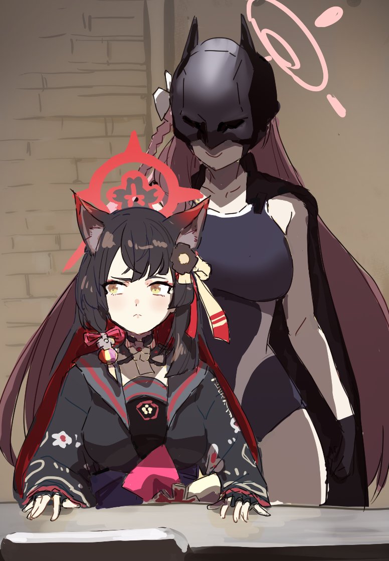 2girls animal_ear_fluff animal_ears batman batman_(cosplay) batman_(series) black_cape black_gloves black_hair black_shirt blue_archive breasts cape clich51368861 closed_mouth cosplay covered_face dc_comics fingernails flower fox_ears gloves hair_flower hair_ornament halo hanako_(blue_archive) large_breasts long_hair long_sleeves multiple_girls one-piece_swimsuit pink_hair pink_halo red_halo shirt swimsuit very_long_hair wakamo_(blue_archive) yellow_eyes